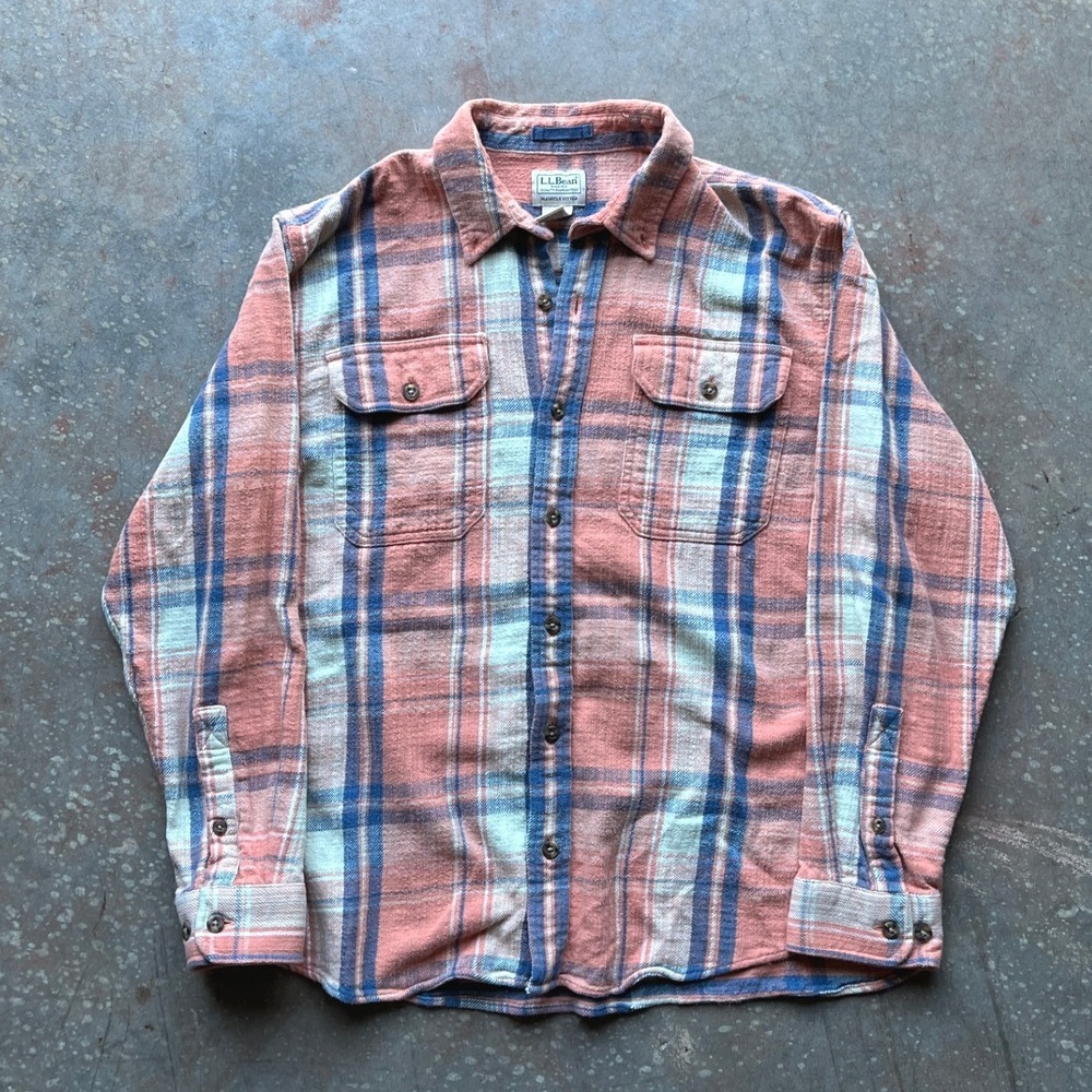 LL‎ Bean Plaid Flannel Shirt Men's Slightly Fitted Cotton Salmon Blue Casual